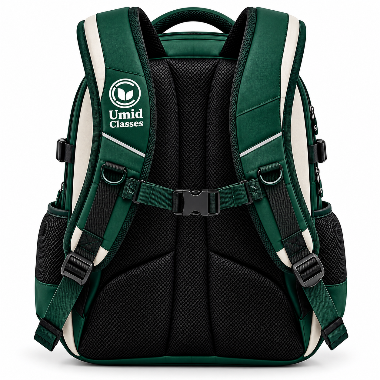 Umid Classes premium green and cream college backpack with elegant branding and modern design.