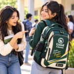 Umid Classes premium green and cream college backpack with elegant branding and modern design.