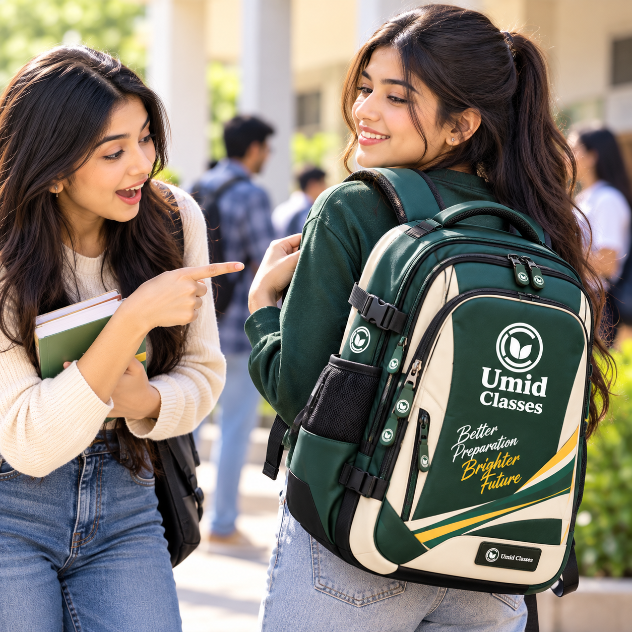 Umid Classes premium green and cream college backpack with elegant branding and modern design.