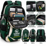 Umid Classes premium green and cream college backpack with elegant branding and modern design.