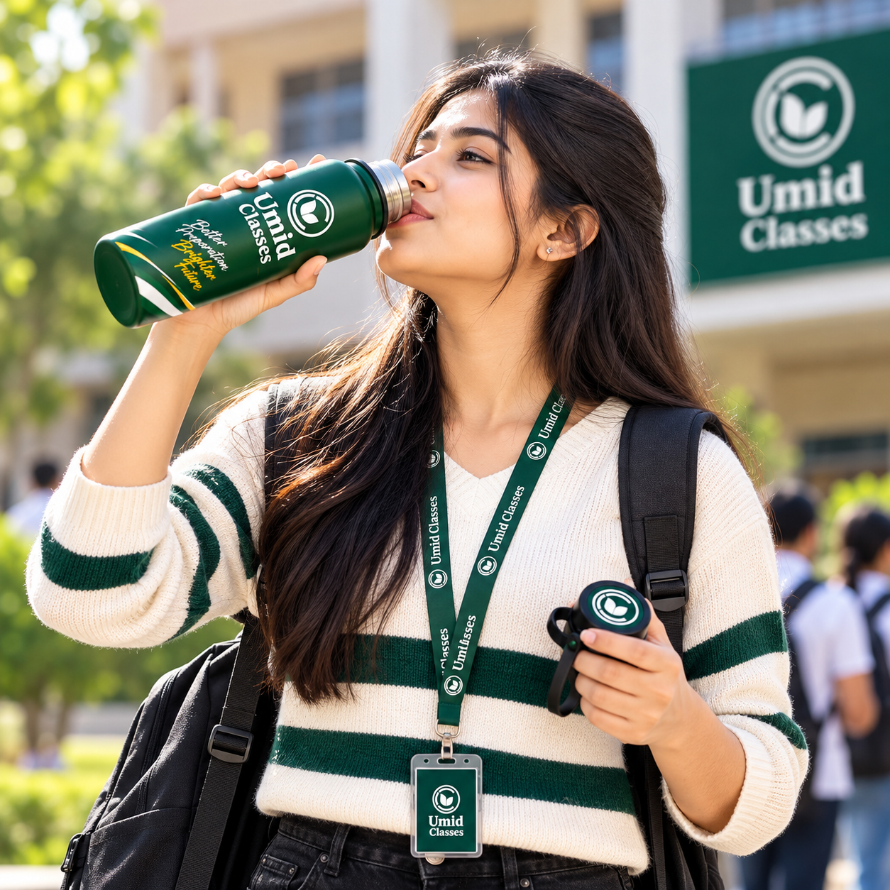 Umid Classes Premium Green Edition water bottle with green and white design and gold detailing.