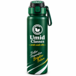 Umid Classes Premium Green Edition water bottle with green and white design and gold detailing.