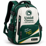 Umid Classes premium green and cream college backpack with elegant branding and modern design.