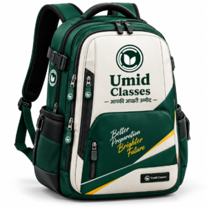 Umid Classes premium green and cream college backpack with elegant branding and modern design.