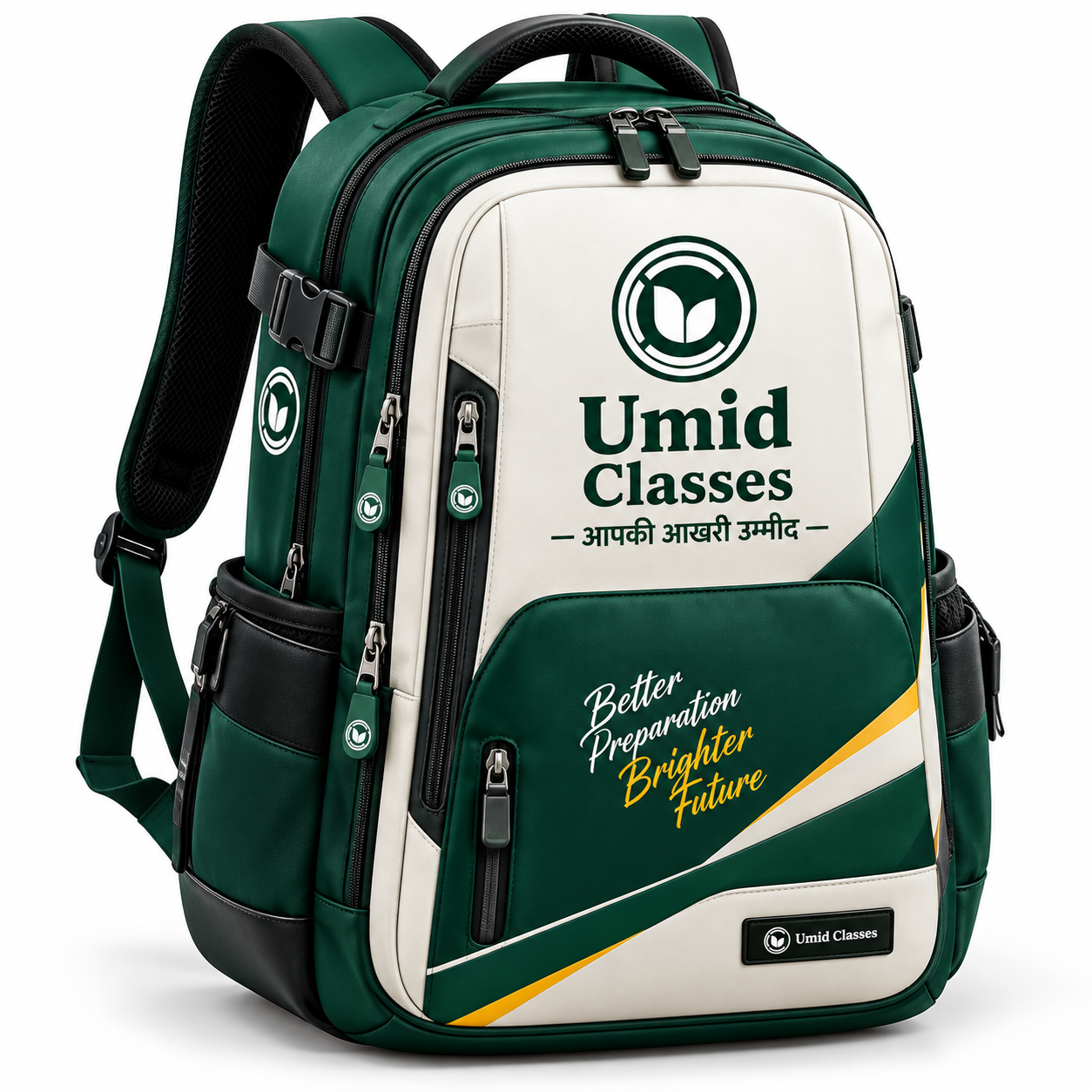 Umid Classes premium green and cream college backpack with elegant branding and modern design.