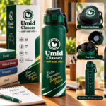 Umid Classes Premium Green Edition water bottle with green and white design and gold detailing.